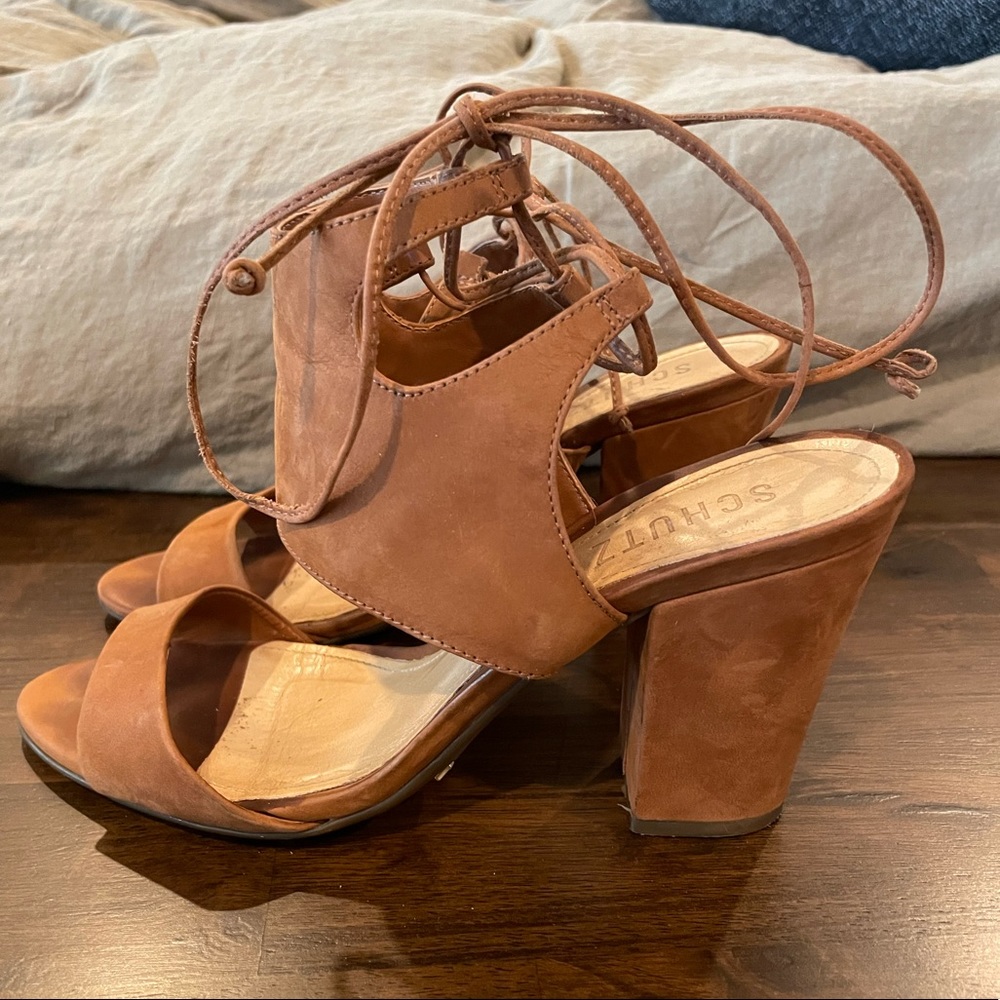 SCHUTZ Tan Suede Lace-Up Block Heel Sandals